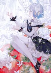  1girl ahoge animal_print black_dress black_gem black_shoes black_trim blue_eyes blue_gem blue_hair brooch bug butterfly butterfly_brooch butterfly_print capelet ciel_(kamitsubaki_studio) detached_sleeves diamond_(shape) dress floral_print flower flower_request food fruit gem gold_trim hair_flower hair_ornament high_collar highres jewelry kamitsubaki_studio lace_trim layered_dress layered_sleeves medium_hair neck_tassel pantyhose quilted_capelet quilted_clothes shana_ise shoes sitting sleeveless sleeveless_dress strawberry tassel veil white_butterfly white_capelet white_dress white_pantyhose 
