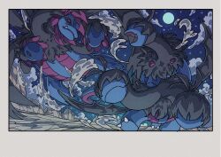  absurdres black_sclera closed_mouth clouds colored_sclera deino_(pokemon) dragon evolutionary_line fangs full_moon highres hydreigon moon multiple_heads night onamuzi_illust outdoors pokemon pokemon_(creature) pokemon_focus sky zweilous 