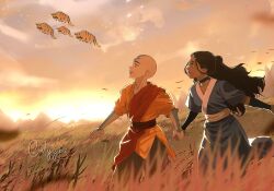  1boy 1girl aang arm_tattoo arrow_(symbol) arrow_tattoo artist_name avatar:_the_last_airbender avatar_legends bald beads black_hair blue_robe breasts brown_pants catyyps commentary couple dark-skinned_female dark_skin field hair_beads hair_ornament head_tattoo hetero highres holding_hands katara long_hair medium_breasts open_mouth orange_tunic outdoors pants parted_bangs pendant_choker red_sash robe sash sky_bison smile tattoo tunic 