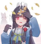  1girl absurdres ahoge animal_ears bangs binoculars black_gloves black_hair blue_archive blue_shirt fake_animal_ears gloves green_neckerchief hairband halo highres kashiko_(kshiko1) leaf leaf_on_head long_hair looking_at_viewer miyu_(blue_archive) neckerchief open_mouth rabbit_ears red_eyes sailor_collar school_uniform serafuku shirt solo upper_body 