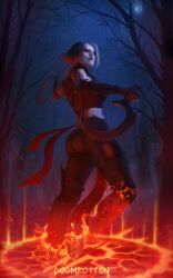 black_hair commentary demon_girl doomrotten from_below goth_fashion highres holding holding_weapon horns magic_circle mortal_kombat mortal_kombat_(series) mortal_kombat_1_(2023) multicolored_hair red_eyes sareena scar sickle streaked_hair tattoo transformation tree weapon white_streaks