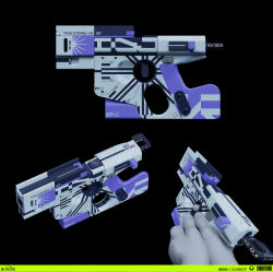  absurdres black_background concept_art copyright_logo eric_pfeiffer gun highres holding holding_gun holding_weapon logo marathon_(2026) marathon_(series) multiple_views official_art simple_background weapon weapon_focus 