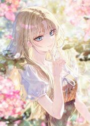  1girl artist_name blonde_hair blue_eyes blurry blurry_background blurry_foreground brown_skirt closed_mouth commentary commission curtained_hair english_commentary falling_petals finger_to_own_chin floral_background floral_print floral_print_shirt flower hand_up highres kiwikong leaf lips long_hair looking_at_viewer original petals pink_flower pink_petals print_shirt puffy_short_sleeves puffy_sleeves ribbon shirt short_sleeves skirt smile solo upper_body white_ribbon white_sleeves yellow_shirt 