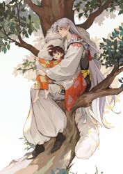 1boy 1girl 3rbk7hs51mdrjf1 armor baggy_pants barefoot black_shoes brown_eyes brown_hair checkered_clothes checkered_kimono child closed_mouth crescent crescent_facial_mark facial_mark forehead_mark full_body grey_hair highres in_tree inuyasha japanese_armor japanese_clothes kimono long_hair mature_male open_mouth orange_eyes orange_kimono pants parted_bangs pointing pointy_ears rin_(inuyasha) sesshoumaru shoes short_side_ponytail shoulder_armor shoulder_spikes side_ponytail sitting sitting_on_lap sitting_on_person smile spikes tree white_background 