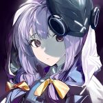  1girl absurdres atsuko_(blue_archive) bangs blue_archive bow closed_mouth coat gohanduck hair_bow highres hood hood_up hooded_coat long_hair looking_at_viewer low_twintails mask mask_on_head portrait purple_background purple_hair short_twintails solo twintails violet_eyes white_coat 