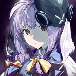  1girl absurdres atsuko_(blue_archive) bangs blue_archive bow closed_mouth coat gohanduck hair_bow highres hood hood_up hooded_coat long_hair looking_at_viewer low_twintails mask mask_on_head portrait purple_background purple_hair short_twintails solo twintails violet_eyes white_coat 