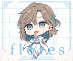  1boy :d album_name aplerichi beckoning belt blue_belt blue_eyes blue_flower blue_ribbon brick_wall brown_hair character_name chibi coat collared_shirt curtained_hair earrings flower full_body grey_footwear hair_between_eyes hair_down hair_ribbon hand_on_own_chin holding holding_flower jewelry kanae_(nijisanji) lily_(flower) long_hair looking_at_viewer male_focus mole mole_under_eye nijisanji official_alternate_costume open_clothes open_coat outstretched_arm pants petals ribbon shirt smile solo virtual_youtuber white_coat white_hair white_pants 