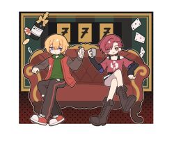  1boy 1girl 777 artist_request black_pants black_shirt blonde_hair blue_eyes boots bottle brown_boots brown_sleeves card casino cherry_(cytus) clothing_cutout commentary_request couch cropped_shirt crossed_legs cup cytus cytus_ii drink_carton expressionless green_hoodie holding holding_cup hood hoodie jacket juice_box knee_boots layered_sleeves letterman_jacket long_sleeves on_couch pants playing_card poker_chip red_eyes red_hair red_jacket red_shirt red_shoes second-party_source shirt shoes short_over_long_sleeves short_sleeves shorts shoulder_cutout simon_jackson sitting smile sneakers 