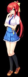  1girl akatsuki_arisa ano_harewataru_sora_yori_takaku arm_under_breasts black_socks blue_necktie bow breasts brown_shoes buttons chiri_(atlanta) collared_shirt corset double-breasted frilled_skirt frills full_body game_asset hair_bow hand_on_own_cheek hand_on_own_elbow hand_on_own_face head_rest high-waist_skirt high_ponytail highres impossible_clothes kneehighs large_breasts long_hair looking_at_viewer miniskirt necktie non-web_source official_art open_mouth pleated_skirt ponytail puffy_short_sleeves puffy_sleeves red_hair school_uniform shirt shoes short_sleeves skirt sneakers socks solo standing striped_clothes striped_necktie tachi-e tie_clip transparent_background very_long_hair white_shirt yellow_bow yellow_eyes 