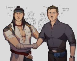 angry bead_necklace beads bi-han blood bruise bruise_on_face commentary confused english_commentary handshake inienil injury jewelry johnny_cage kuai_liang liu_kang meme mortal_kombat mortal_kombat_(series) mortal_kombat_1_(2023) necklace scorpion_(mortal_kombat) short_hair smile sub-zero young_michael_scott_shaking_ed_truck's_hand_(meme)