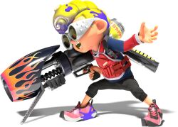  3d black_pants blonde_hair body_armor flame_print full_body holding holding_weapon ink_tank_(splatoon) long_sleeves looking_ahead octoling_boy octoling_player_character official_art open_mouth pants pompadour range_blaster_(splatoon) red_shoes shoes splatoon_(series) transparent_background weapon yarrwhal_(splatoon) 