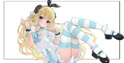 1girl absurdres alice_(alice_in_wonderland) alice_(alice_in_wonderland)_(cosplay) apron bare_shoulders black_shoes black_thighhighs blonde_hair blue_dress blue_eyes blue_thighhighs breasts commentary_request cosplay cuffs dress fingernails frilled_dress frills full_body hai_0013 hair_ornament highres hololive horns large_breasts looking_at_viewer mary_janes multicolored_thighhighs sheep_girl sheep_horns shoes short_sleeves simple_background solo thigh-highs tsunomaki_watame two-tone_thighhighs white_apron white_background wrist_cuffs x_hair_ornament 