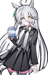  1girl ahoge alternate_hair_color animal_ears black_hair black_jacket black_necktie black_skirt blush closed_mouth commentary_request drink_carton ear_tag earrings hair_between_eyes highres holding holding_drink_carton holding_milk_carton horse_ears horse_girl horse_tail jacket jewelry kikkasoon long_bangs long_hair long_hair_between_eyes long_sleeves looking_at_viewer manhattan_cafe_(umamusume) milk_carton necktie open_clothes open_jacket shirt simple_background single_earring skirt solo tail thigh-highs umamusume white_hair white_shirt white_thighhighs yellow_eyes 