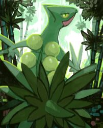  absurdres arm_blade bamboo bamboo_forest black_eyes closed_mouth colored_sclera colored_skin commentary doubledunked english_commentary forest from_side green_sclera green_skin highres looking_at_viewer looking_back nature pokemon pokemon_(creature) pokemon_focus sceptile solo tail weapon 