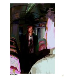  1boy 1girl absurdres arts_by_tan black_necktie blood blood_on_clothes blood_on_face braid braided_ponytail bright_pupils bus business_suit chainsaw_man collared_shirt formal_clothes fushi_(chainsaw_man) highres indoors liminal_space makima_(chainsaw_man) motor_vehicle necktie red_hair shirt suit vehicle_interior white_pupils white_shirt yellow_eyes 