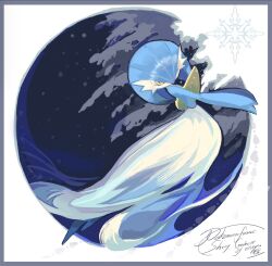  1girl alternate_color blue_hair blue_skin bob_cut colored_skin commentary_request dress gardevoir highres multicolored_skin one_eye_closed orange_eyes pokemon pokemon_(creature) shiny_pokemon signature snow snowflakes two-tone_skin white_dress white_skin yueryu_(taroyuer2) 