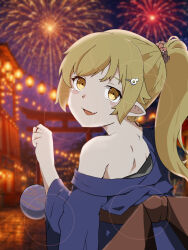  1girl aerial_fireworks blonde_hair blue_kimono blurry blurry_background blush_stickers bokeh bow brown_sash commentary_request depth_of_field egg_hair_ornament fang fireworks flower flower_hairtie food-themed_hair_ornament from_behind hair_between_eyes hair_flaps hair_ornament hand_up high_ponytail highres holding japanese_clothes kimono lantern long_hair looking_at_viewer monogatari_(series) night obi open_mouth oshino_shinobu paper_lantern pavement pointy_ears ponytail red_flower reflective_pavement sash sidelocks single_bare_shoulder smile solo torii upper_body waist_bow water_yoyo whukku wide_sleeves yellow_eyes 