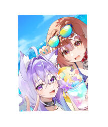  2girls :d ahoge amesui animal_collar animal_ear_fluff animal_ears belt_collar black_collar blue-tinted_eyewear blue_sky bone_hair_ornament border brown_eyes brown_hair cat_ears cat_girl collar commentary_request crossed_bangs cup dog_ears dog_girl dutch_angle eyewear_on_head fang hair_between_eyes hair_ornament highres holding holding_cup hololive inugami_korone looking_at_viewer medium_hair multiple_girls nekomata_okayu ocean open_mouth outdoors purple_hair red_collar skin_fang sky smile sunglasses tinted_eyewear v violet_eyes virtual_youtuber white_border 