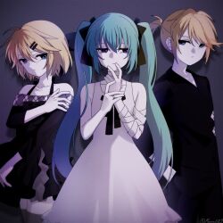  1boy 2girls aqua_hair artist_name bandaged_arm bandaged_neck bandages bare_shoulders black_background black_bow black_bowtie black_dress black_pants black_skirt black_thighhighs blonde_hair blue_eyes bow bowtie breasts choppy_bangs closed_mouth cowboy_shot dress fingers_on_chin gradient_background hair_bow hair_ornament hairclip hand_on_own_arm hand_on_own_shoulder hands_in_pocket hatsune_miku jewelry kagamine_len kagamine_rin lineup long_hair looking_to_the_side medium_breasts multiple_girls munna67l9 off-shoulder_dress off_shoulder pants ponytail ring short_dress short_hair short_ponytail sidelocks skirt sleeveless sleeveless_dress sundress swept_bangs thigh-highs three-quarter_sleeves twintails very_long_hair violet_eyes vocaloid zettai_ryouiki 