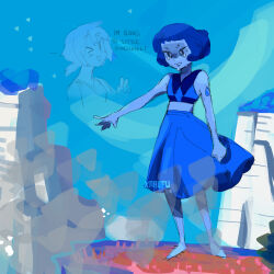  >_o 1girl 3: absurdres barefoot blue_hair blue_skin bob_cut closed_mouth colored_skin commentary crop_top crying crying_with_eyes_open english_commentary eyelashes flashback frown full_body gem_(steven_universe) gem_in_body highres homeworld_gem_uniform knaiifu lapis_lazuli_(gemstone) mean_lapis midriff nice_lapis one_eye_closed open_mouth outdoors ponytail short_hair sketch skirt standing steven_universe steven_universe_future tears upper_body v-shaped_eyebrows 