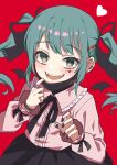  1girl bangs black_nails black_skirt blush detached_wings ear_bar fangs frilled_shirt_collar frills green_eyes green_hair halulu hatsune_miku heart highres jewelry long_sleeves mask mask_pull mouth_mask neck_ribbon open_mouth pink_shirt red_background ribbon ring shirt simple_background skirt smile solo teeth twintails upper_body upper_teeth vampire_(vocaloid) vocaloid wings 