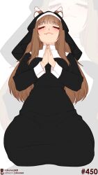  1girl absurdres alternate_costume animal_ears blunt_bangs blush brown_hair closed_eyes commentary ears_through_headwear english_commentary fangs highres holo kneeling likunea long_hair long_sleeves nun nun_headdress own_hands_together patreon_logo patreon_username praying solo spice_and_wolf twitter_username twitter_x_logo white_background wolf_ears wolf_girl zoom_layer 