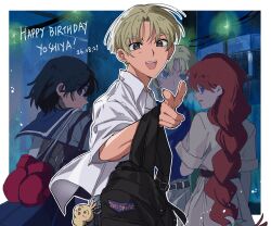  2boys 2girls 4t_net absurdres akizuki_luca backpack bag bag_charm birthday black_bag black_eyes black_hair blonde_hair boxing_gloves braid cameo charm_(object) chiikawa collared_shirt commentary_request dated dress happy_birthday highres lara_(sayonara_lara) long_hair multiple_boys multiple_girls night ootsu_mari ootsu_yoshiya open_mouth pointing pointing_at_viewer red_hair sailor_collar sayonara_lara school_uniform serafuku shirt short_hair single_braid smile usagi_(chiikawa) very_long_hair very_short_hair white_shirt 