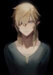 1boy arms_at_sides bangs black_background blonde_hair blue_eyes blue_shirt closed_mouth colored_eyelashes cross-laced_clothes frown hair_down hair_over_one_eye highres link looking_at_viewer male_focus medium_hair meru02295238 pointy_ears sad shirt simple_background solo the_legend_of_zelda upper_body 