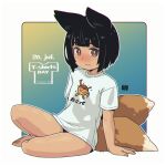  1girl animal_ears bangs black_hair black_shorts blush bob_cut border closed_mouth fox_ears fox_girl fox_tail green_background kukuri_(mawaru) looking_at_viewer mawaru_(mawaru) original shirt short_hair short_sleeves shorts tail toes white_border white_shirt 