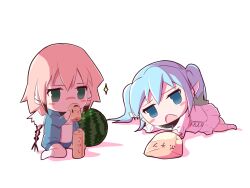  2girls blue_eyes blue_hair blue_jacket blue_shorts blush_stickers casual chibi chibi_only chips_(food) closed_mouth commentary_request d: food full_body green_eyes hair_between_eyes headgear ikaros jacket jitome kokeshi long_hair long_sleeves looking_at_viewer lying miniskirt multiple_girls nymph_(sora_no_otoshimono) on_side open_clothes open_jacket open_mouth pink_hair pleated_skirt potato_chips shadow shirt shorts sidelocks sitting skirt sora_no_otoshimono sparkle tagame_(tagamecat) twintails wariza white_shirt white_skirt white_wings wings 