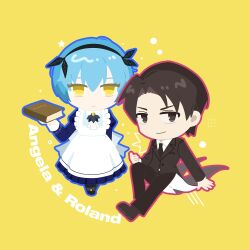  1boy 1girl angela_(project_moon) apron arm_support ascot black_eyes black_hair black_hairband black_jacket black_necktie black_pants blue_coat blue_hair book character_name chibi chibi_only closed_mouth coat collared_shirt commentary_request dress enmaided frilled_apron frills full_body hairband holding holding_book jacket juliet_sleeves knee_up library_of_ruina long_sleeves looking_at_viewer maid maid_apron necktie pants parted_bangs project_moon puffy_sleeves roland_(project_moon) shirt shoes short_hair simple_background sitting smile white_apron white_ascot white_shirt yellow_background yellow_eyes zxhaneki 