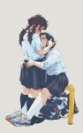  2girls arms_around_waist black_hair blue_eyes brown_hair hand_in_another&#039;s_hair highres hug kneehighs long_hair looking_at_another looking_down m_k multiple_girls necktie necktie_removed original school_uniform shoes sitting sneakers socks tote_bag twintails yuri 