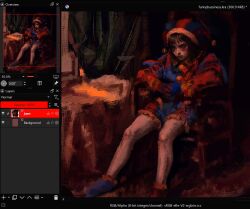  1girl aevilium art_program_in_frame chair fine_art_parody hat highres jester jester_cap knees krita_(medium) parody pomni_(the_amazing_digital_circus) shorts solo stanczyk_(painting) the_amazing_digital_circus 