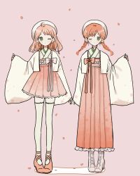  2girls absurdres ahoge arm_at_side beret blush boots bow braid cherry_blossom_print cherry_blossoms closed_mouth commentary dot_mouth earrings falling_petals floral_print floral_print_haori floral_print_skirt flower_earrings full_body green_eyes hakama hakama_short_skirt hakama_skirt hand_up haori hat hatopippi45 highres japanese_clothes jewelry kimono lace-up_boots long_skirt long_sleeves looking_at_viewer medium_hair miniskirt multiple_girls one_eye_closed original parted_bangs petals pigeon-toed pinching_sleeves pink_background pink_boots pink_bow pink_hair pink_nails pink_shoes pink_skirt pleated_skirt print_haori print_skirt shoes simple_background skirt sleeves_past_wrists standing straight-on thigh-highs twin_braids untranslatable_commentary white_haori white_hat white_kimono white_thighhighs zettai_ryouiki 