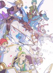 3girls 4boys blonde_hair blue_eyes blue_hair bracelet brown_hair camus_(dq11) commentary_request confetti copyright_name dragon dragon_quest dragon_quest_xi ebira facial_hair giant_insect green_hairband hairband hero_(dq11) horse horseback_riding jewelry long_sleeves martina_(dq11) multiple_boys multiple_girls mustache necklace phrygian_cap ponytail riding riding_animal riding_dragon row_(dq11) senya_(dq11) short_sleeves siblings sisters slime_(dragon_quest) smile sylvia_(dq11) tockle_(dq11) veronica_(dq11) 