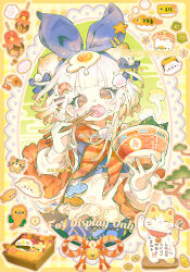  1girl animal-themed_food apron bell bento blue_bow blue_sweater blunt_bangs blush_stickers border bow bow_hairband bowl brooch brown_eyes chinese_commentary chopsticks coin commentary_request commission cowboy_shot dot_nose double_bun dumpling eating eyelashes fingernails fish_(food) food food-themed_hair_ornament food_on_head fried_egg frilled_apron frills fur-trimmed_sweater fur_trim gold_coin green_background hair_bow hair_bun hair_ornament hairband hairclip happy holding holding_bowl holding_chopsticks holding_food holding_with_chopsticks holed_coin jewelry large_bow light_blush long_sleeves looking_at_viewer maneki-neko nailiu_mashu nigirizushi noodles object_on_head orange_scarf original picture_frame plaid_background pom_pom_(clothes) pom_pom_hair_ornament puffy_long_sleeves puffy_sleeves ramen rope sample_watermark scarf shimenawa short_hair_with_long_locks shrimp single_blush_sticker solo steam straight-on striped_clothes striped_scarf striped_sleeves sushi sweater two-tone_background watermark weibo_watermark white_apron white_hair white_sleeves yellow_background yellow_border 