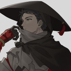  1boy absurdres armor bad_link black_cape black_hair cape chorefuji commentary_request gloves grey_background grey_eyes grey_scarf hand_up hat highres male_focus original scarf shirt short_hair simple_background solo strap upper_body 