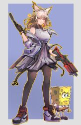  1girl absurdres animal_ears arknights arknights:_endfield bare_shoulders bird_ears bird_girl black_gloves blue_eyes breasts commentary dress east-west_crossover gloves grey_hair gun handgun high_tops highres holding holding_gun holding_weapon jacket long_hair nike_(company) pantyhose perlica_(arknights) pump_action r0d_mp shoes shotgun sneakers spongebob_squarepants spongebob_squarepants_(series) suppressor weapon white_dress white_jacket 