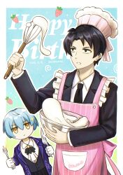  1boy 1girl absurdres angela_(project_moon) apron ascot black_eyes black_hair black_jacket black_necktie black_vest blue_coat blue_hair bowl brooch chef_hat closed_mouth coat collared_shirt commentary_request cooking expressionless food fork frills fruit gloves happy_birthday hat highres holding holding_bowl holding_fork holding_knife jacket jewelry knife library_of_ruina long_sleeves necktie parted_bangs parted_lips pink_apron project_moon roland_(project_moon) shirt short_hair strawberry vest whipped_cream whisk white_ascot white_gloves white_shirt yellow_eyes zxhaneki 