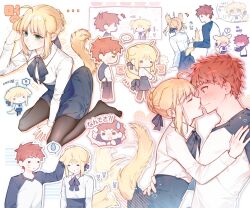  1boy 1girl absurdres ahoge artoria_pendragon_(fate) baboteolsegongsa blonde_hair blush braid braided_base braided_bun bun_with_braided_base chibi couple dress emiya_shirou fate/stay_night fate_(series) green_eyes hair_bun highres kiss messy_hair red_hair saber_(fate) shirt skirt spiky_hair t-shirt 