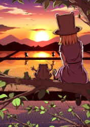  3girls blonde_hair brown_hat cirno commentary_request daiyousei frog hat highres inuno_rakugaki long_sleeves medium_hair moriya_suwako mountainous_horizon multiple_girls outdoors purple_skirt purple_vest reflection reflective_liquid rice_paddy sitting sitting_on_branch skirt skirt_set solo_focus sun touhou tree vest waving wide_sleeves 