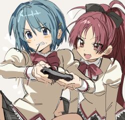 2girls blue_eyes blue_hair bow breasts commentary controller fang food game_controller hair_bow highres holding holding_controller kabu_(1076_kabu) long_hair mahou_shoujo_madoka_magica mahou_shoujo_madoka_magica:_hangyaku_no_monogatari miki_sayaka mitakihara_school_uniform multiple_girls open_mouth playing_games ponytail red_eyes red_hair ribbon sakura_kyoko school_uniform short_hair skirt smile striped_blush untranslatable_commentary