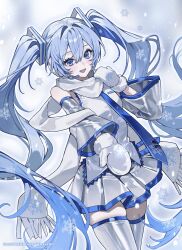  :d artist_name blue_eyes blue_hair blue_necktie blue_trim commentary_request cowboy_shot detached_sleeves dot_nose hair_between_eyes hair_intakes hair_ornament happy hatsune_miku headset highres long_hair looking_at_viewer mittens namekata_rei necktie pleated_skirt scarf shirt skindentation skirt sleeveless sleeveless_shirt smile snowflake_print snowflakes thigh-highs very_long_hair vocaloid white_mittens white_scarf white_shirt white_skirt white_sleeves white_thighhighs wide_sleeves yuki_miku yuki_miku_(2011) zettai_ryouiki 
