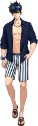  1boy abs absurdres black_eyes black_hair black_shorts blue_shirt eyewear_on_head flip-flops full_body highres looking_at_viewer navel official_alternate_costume official_art open_clothes open_shirt sandals shirt short_hair shorts simple_background solo solo_focus solo_leveling solo_leveling:_arise sung_jin-woo sunglasses tachi-e transparent_background two-tone_shorts watch watch white_shorts 