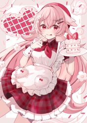  1girl :p absurdres apron blonde_hair blush bow cake chocolate_hair_ornament commentary cowboy_shot crossed_bangs dress english_commentary failnaught-em finger_to_own_chin fingernails flower food food-themed_hair_ornament frilled_dress frilled_wrist_cuffs frills fruit hair_between_eyes hair_flower hair_ornament hands_up hat heart highres holding holding_plate icing long_hair looking_to_the_side maid neckerchief original outside_border plaid_clothes plate pocket puffy_short_sleeves puffy_sleeves red_bow red_dress red_eyes red_hat red_neckerchief short_sleeves solo sprinkles strawberry tongue tongue_out valentine white_apron wrist_cuffs 