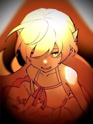  1girl apron apron_flip arms_at_sides bare_arms bare_shoulders blonde_hair blurry collarbone commentary_request fangs flat_chest flipped_hair from_above hair_flaps hair_over_one_eye highres long_hair looking_ahead monogatari_(series) open_mouth oshino_shinobu overexposure pink_skirt pointy_ears red_ribbon ribbon shadow sidelocks skin_fangs skirt skirt_flip slit_pupils solo square_neckline straight-on unizuma_eleven upper_body very_long_hair vignetting white_apron yellow_eyes 
