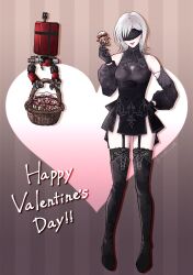  10h_(nier_reincarnation) 1girl basket black_boots black_dress black_gloves black_sleeves black_thighhighs black_visor blindfold boots breasts chocolate cleavage_cutout clothing_cutout detached_sleeves dress food full_body garter_straps gloves grey_hair hair_behind_ear hand_on_own_hip happy_valentine highres holding holding_basket holding_chocolate holding_food medium_breasts medium_hair mnblanc66 nier_(series) nier_reincarnation parted_lips pelvic_curtain robot short_dress sleeveless sleeveless_dress smile standing thigh-highs thigh_boots twitter_username 