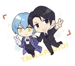  1boy 1girl angela_(project_moon) ascot black_eyes black_hair black_jacket black_necktie black_pants black_pantyhose black_skirt black_vest blue_coat blue_hair chibi chibi_only closed_mouth coat collared_shirt commentary_request frilled_sleeves frills gloves hand_on_another's_shoulder highres jacket limbus_company long_sleeves looking_at_viewer necktie pants pantyhose parted_bangs project_moon roland_(project_moon) shirt short_hair simple_background skirt smile v vest white_ascot white_background white_gloves white_shirt yellow_eyes zxhaneki 