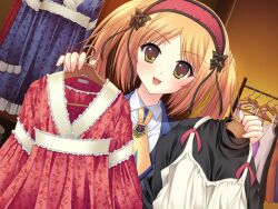  1girl :3 akira_(usausa) black_jacket blonde_hair clothes_hanger clothes_rack dress dress_shirt dutch_angle emblem fitting_room floral_print fortuna_coursa game_asset holding holding_clothes_hanger indoors jacket long_hair looking_at_viewer maximum_magic necktie non-web_source official_art open_mouth red_headdress school_uniform self-datamine shirt solo twintails unworn_clothes white_shirt yellow_eyes yellow_necktie 