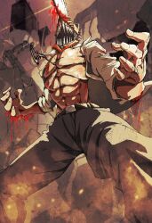 1boy abs ari(user_atnn8735) belt blood blood_drip blood_on_arm blood_on_weapon building burning chainsaw chainsaw_man chainsaw_man_(character) commentary_request denji_(chainsaw_man) destruction grey_pants jacket muscular muscular_male open_clothes open_jacket pants pectorals pull_cord screaming sharp_teeth teeth transformation weapon 